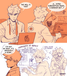 Rule 34 | 2boys, absurdres, alternate universe, artist name, badtz-maru, bakugou katsuki, blush, boku no hero academia, closed mouth, collared shirt, comic, commentary, computer, desk, discord, english commentary, english text, explosive, freckles, grenade, habkart, heart, highres, hood, hood down, hoodie, indoors, keyboard (computer), lamp, laptop, long sleeves, looking at another, male focus, midoriya izuku, monitor, monochrome, multiple boys, necktie, open mouth, orange theme, partially unbuttoned, sanrio, shirt, short hair, simple background, sitting, smile, speech bubble, spiked hair, standing, undone necktie, yaoi