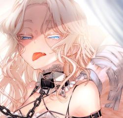 Rule 34 | 1girl, bare shoulders, bdsm, blonde hair, blue eyes, blurry, blurry background, blush, bondage, bound, chair, cluseller, collar, collarbone, cropped, curtains, detached collar, eyelashes, fang, feathered wings, female focus, forehead, hair intakes, half-closed eyes, highres, jpeg artifacts, leash, light blush, long hair, looking down, open mouth, original, pointy ears, shadow, shiny skin, skindentation, solo, tape, tongue, tongue out, viewer holding leash, wings