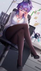 Rule 34 | 1girl, absurdres, bandaid, bandaid on face, bandaid on nose, blue eyes, blue hair, breasts, business card, chair, chart, cleavage, computer, cup, desk, glasses, hair ornament, highres, indie virtual youtuber, indoors, large breasts, looking at viewer, melody (projektmelody), meme, monitor, mug, multicolored hair, notes, office, office lady, pantyhose, paper, ponytail, purple hair, short hair, smile, solo, stonks (meme), t0m (projektmelody), thaigermane, triangle hair ornament, virtual youtuber, vshojo, whiteboard