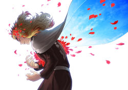 Rule 34 | 1boy, belt, blonde hair, blue sky, cape, clothes writing, colored tips, cowboy shot, demon slayer uniform, closed eyes, floating hair, forked eyebrows, half updo, kimetsu no yaiba, long hair, long sleeves, male focus, multicolored hair, parted lips, petals, red hair, remsor076, rengoku kyoujurou, simple background, sky, sky print, solo, streaked hair, white background, white cape, wind