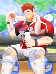 Rule 34 | 1boy, bara, bench, day, facial hair, facial scar, feet out of frame, goatee, goatee stubble, highres, konpei daidai, large pectorals, leggings under shorts, long sideburns, looking to the side, male focus, muscular, muscular male, notice lines, pectorals, raised eyebrow, rugby uniform, scar, scar on cheek, scar on face, short hair, shorts, sideburns, sitting, solo, spirit, sportswear, spread legs, stubble, sweat, tamamura gunzo, thick eyebrows, tokyo houkago summoners, towel, towel around neck, white shorts