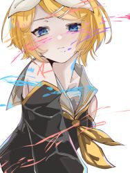 Rule 34 | 1girl, bad id, bad pixiv id, bare shoulders, black shirt, black sleeves, blonde hair, blue eyes, blush, bow, closed mouth, collar, collared shirt, commentary, detached sleeves, expressionless, grey collar, hair bow, hair ornament, hairclip, kagamine rin, light blush, looking down, neckerchief, paint splatter, shirt, short hair, sleeveless, sleeveless shirt, solo, swept bangs, tsuu (user cxuk7483), upper body, vocaloid, white background, white bow, yellow neckerchief