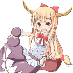 Rule 34 | 1girl, :d, bottle, bow, bowtie, eesuke, eisuke (itsuka bokura wa tabi ni deru), female focus, hair bow, holding, horns, ibuki suika, looking at viewer, lowres, lying, on side, open mouth, red bow, red bowtie, red eyes, simple background, smile, solo, touhou, white background