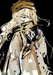 Rule 34 | 1girl, beanie, black background, blonde hair, collarbone, commentary request, cowboy shot, error 0725, girls&#039; frontline, hair ornament, hat, highres, long hair, long sleeves, looking at viewer, one eye closed, scar-l (girls&#039; frontline), scarf, shirt, sidelocks, solo