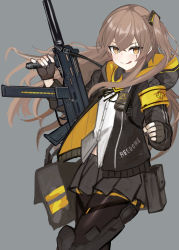 Rule 34 | 1girl, 404 logo (girls&#039; frontline), :q, absurdres, armband, black gloves, black nails, black skirt, brown hair, commentary request, cowboy shot, fingerless gloves, girls&#039; frontline, gloves, grey background, gun, h&amp;k ump, hair between eyes, highres, holding, holding gun, holding weapon, hood, hood down, hooded jacket, jacket, koenza botoke, licking lips, looking at viewer, nail polish, one side up, pantyhose, pleated skirt, scar, scar across eye, scar on face, shirt, simple background, skirt, smile, solo, submachine gun, tongue, tongue out, ump45 (girls&#039; frontline), weapon, white shirt, yellow eyes