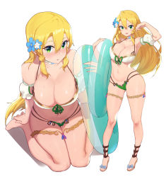 Rule 34 | 1girl, armpits, bare shoulders, bikini, blonde hair, blush, braid, breasts, chou shippai-saku, cleavage, collarbone, commentary request, flower, full body, green eyes, hair between eyes, hair flower, hair ornament, highres, large breasts, leafa, long hair, looking at viewer, multiple views, navel, open mouth, simple background, standing, stomach, swimsuit, sword art online, teeth, thigh strap, thighs, tongue, white background
