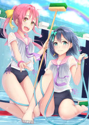 Rule 34 | 2girls, absurdres, barefoot, black hair, black one-piece swimsuit, bow, braid, broom, cleaning brush, day, empty pool, floating hair, green eyes, hair between eyes, hair bow, hair ornament, hairclip, highres, holding, holding broom, kneeling, long hair, looking at viewer, multiple girls, neckerchief, ochiai miyabi, one-piece swimsuit, open mouth, original, outdoors, pink hair, ponytail, pool, purple neckerchief, purple ribbon, ribbon, school swimsuit, see-through, shirt, short hair, short sleeves, sitting, swimsuit, swimsuit under clothes, wet, wet clothes, wet shirt, white shirt, yellow bow, yellow eyes
