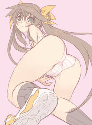 Rule 34 | 10s, 1girl, ass, bad id, bad pixiv id, bandeau, bare shoulders, black socks, blade (galaxist), blush, bow, bra, brown hair, cameltoe, dutch angle, embarrassed, flat chest, foreshortening, from behind, green eyes, hair bow, huang lingyin, infinite stratos, kneehighs, kneeling, lingerie, long hair, looking at viewer, looking back, panties, pink panties, shoes, simple background, sneakers, socks, solo, strapless, strapless bra, striped clothes, striped panties, tears, tiptoes, twintails, underwear, underwear only, very long hair, white bra, white panties