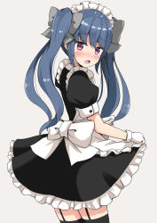 Rule 34 | 1girl, :o, aikawa ryou, alternate costume, alternate hairstyle, apron, black dress, black thighhighs, blue hair, blush, bow, dress, frilled dress, frills, garter straps, gloves, grey bow, hair bow, highres, long hair, looking at viewer, looking back, maid, maid apron, maid headdress, purple eyes, shima rin, simple background, skirt hold, solo, thighhighs, turning head, twintails, very long hair, white background, white bow, white gloves, yurucamp, zettai ryouiki