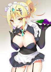 Rule 34 | 1girl, alternate costume, alternate hairstyle, bad food, black gloves, blonde hair, blush, breasts, censored, censored food, chest jewel, cleavage, daive, earrings, enmaided, garter straps, gem, gloves, gluteal fold, gradient background, grey background, hair between eyes, holding, holding plate, jewelry, large breasts, leaning forward, looking at viewer, maid, maid headdress, mythra (xenoblade), nintendo, plate, smile, solo, swept bangs, tiara, tongue, tongue out, white background, xenoblade chronicles (series), xenoblade chronicles 2, yellow eyes