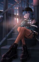 Rule 34 | 1girl, absurdres, baseball cap, black choker, black dress, black footwear, black hat, blue eyes, blue hair, blue jacket, blue skirt, boots, choker, city, collared dress, cross-laced footwear, dress, foreshortening, full body, garter straps, hair between eyes, hat, head rest, high heel boots, high heels, highres, hololive, hoshimachi suisei, hoshimachi suisei (streetwear), jacket, lace, lace-up boots, lace choker, lace sleeves, long sleeves, looking at viewer, neck ribbon, o-ring, o-ring thigh strap, official alternate costume, official alternate hair length, official alternate hairstyle, orange pantyhose, outdoors, pantyhose, quilted jacket, ribbon, serious, short dress, short sleeves, single garter strap, sitting, sitting on stairs, skirt, solo, stairs, star (symbol), star in eye, sunset, symbol in eye, thigh strap, tilu, two-sided fabric, two-sided jacket, virtual youtuber