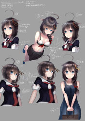 Rule 34 | 1girl, absurdres, adapted costume, ahoge, bikini, black bikini, black hair, black sarong, black serafuku, black shirt, blue eyes, braid, commentary request, from above, full body, grey background, hair flaps, hair ornament, hair over shoulder, highres, kantai collection, looking at viewer, multiple views, neckerchief, numarinko, red neckerchief, sarong, school uniform, serafuku, shigure (kancolle), shirt, single braid, standing, swimsuit, tank top, translation request, upper body