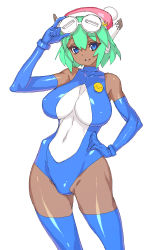 Rule 34 | 1girl, :d, adjusting goggles, android, bad id, bad pixiv id, bare shoulders, blue eyes, blue gloves, blue thighhighs, bodysuit, bracer, breasts, covered navel, cowboy shot, crescent, dark-skinned female, dark skin, elbow gloves, gloves, goggles, goggles on head, green hair, groin, hair between eyes, halterneck, hand on own hip, hat, highres, hip bones, hip focus, impossible clothes, impossible leotard, large breasts, leotard, looking at viewer, oekaki, open mouth, robot ears, santa hat, short hair, simple background, skin tight, smile, solo, thighhighs, turtleneck, vrkdh, white background, wide hips