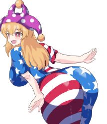 1girl american_flag american_flag_legwear american_flag_print ass blonde_hair blush breasts clownpiece fang flag_print godkami17 hat huge_ass jester_cap large_breasts pantyhose red_eyes skin_fang solo touhou