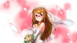 Rule 34 | 1girl, bad id, bad pixiv id, bouquet, breasts, bridal veil, bride, brown eyes, brown hair, cleavage, crescent, crescent earrings, dress, earrings, flower, glasses, gloves, jewelry, kantai collection, long hair, looking at viewer, medium breasts, mochizuki (kancolle), necklace, petals, pink-framed eyewear, pink background, randle, simple background, solo, upper body, veil, very long hair, wedding dress, white background, white dress, white gloves