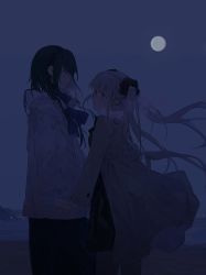 Rule 34 | 2girls, beach, black hair, closed mouth, cloud, cloudy sky, coat, commentary request, earrings, from side, highres, holding hands, horizon, jewelry, long hair, looking at another, mechari, medium hair, moon, multiple girls, night, night sky, original, red eyes, sky, standing, twintails, white hair, yuri