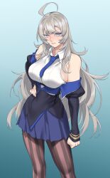 Rule 34 | 1girl, ahoge, black jacket, blue necktie, blue skirt, closed mouth, collared shirt, feet out of frame, grey eyes, grey hair, highres, jacket, kantai collection, lips, long hair, long sleeves, necktie, pantyhose, pleated skirt, shingyou (alexander-13), shirt, skirt, sleeveless, sleeveless shirt, solo, striped clothes, striped pantyhose, vertical-striped clothes, vertical-striped pantyhose, washington (kancolle), white shirt