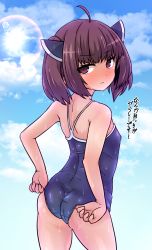 Rule 34 | 1girl, :&lt;, adjusting clothes, ahoge, ass, back, blue one-piece swimsuit, blush, brown eyes, brown hair, half-closed eyes, hato no suisou, headgear, highres, lens flare, one-piece swimsuit, school swimsuit, scowl, skin tight, sky, solo, swimsuit, thighs, touhoku kiritan, voiceroid, wedgie, wet