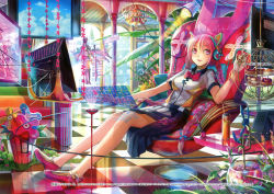 Rule 34 | 1girl, :d, absurdres, animal ears, bow, braid, chair, chandelier, checkered floor, computer, drink, drinking straw, fake animal ears, floor, food, full body, fuzichoco, glass, headphones, highres, long hair, non-web source, open mouth, original, pink eyes, pink hair, scan, sitting, skirt, smile, solo, stuffed animal, stuffed rabbit, stuffed toy, sword, television, twin braids, weapon