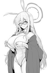 Rule 34 | 1girl, ;), adjusting clothes, adjusting leotard, akane (blue archive), akane (bunny) (blue archive), animal ears, areola slip, bare shoulders, blue archive, blush, bow, bowtie, breasts, cleavage, commentary request, cowboy shot, detached collar, fake animal ears, glasses, gloves, greyscale, groin, hair between eyes, hairband, half-closed eye, half gloves, halo, hands up, highres, large breasts, leotard, long hair, long sleeves, looking at viewer, monochrome, off shoulder, one eye closed, open clothes, open robe, parted lips, playboy bunny, rabbit ears, robe, sidelocks, smile, solo, standing, strapless, strapless leotard, sweat, upanishi mariko, very long hair, wavy hair, wide sleeves