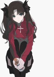 Rule 34 | 1girl, black ribbon, black skirt, black thighhighs, blonde hair, bottle, brown hair, collar, collared shirt, cross print, ebanoniwa, fate/stay night, fate (series), grey eyes, hair ribbon, highres, holding, holding bottle, long hair, long sleeves, looking at viewer, pale skin, parted bangs, parted lips, red shirt, ribbon, shirt, sidelocks, simple background, sitting, skirt, solo, thighhighs, tohsaka rin, twintails, white background