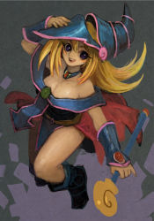 Rule 34 | 1girl, bad id, bad pixiv id, bare shoulders, blonde hair, blue footwear, blush, blush stickers, boots, breasts, choker, cleavage, commentary request, dark magician girl, duel monster, hat, long hair, looking at viewer, open mouth, smile, solo, staff, weapon, wizard hat, yu-gi-oh!, yuu-gi-ou, yu-gi-oh! duel monsters, yuza