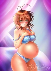 Rule 34 | 1girl, antenna hair, bare shoulders, big belly, blush, breasts, brown hair, clannad, cleavage, commentary, furukawa nagisa, hair between eyes, hands on own breasts, happy, highres, k.g.fantasy, large breasts, looking at viewer, open mouth, orange eyes, pregnant, short hair, shy, solo, standing, thick thighs, thighs, underwear, yellow eyes