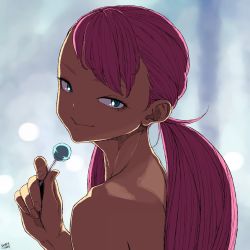 Rule 34 | 1girl, blue eyes, candy, closed mouth, cynthia lane, dated, eyelashes, fingernails, food, from behind, hand up, highres, holding, holding candy, holding food, holding lollipop, lollipop, long hair, looking at viewer, nude, overman king gainer, pink hair, signature, smile, solo, tocky, twintails