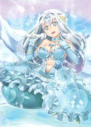 Rule 34 | 1girl, :d, absurdres, aqua eyes, aurora star coral, bare shoulders, blue hair, bracelet, breasts, brooch, cardfight!! vanguard, choker, circlet, cleavage, covered erect nipples, flower, frills, gloves, hair ornament, highres, jewelry, kimura shigetaka, large breasts, long hair, looking at viewer, mermaid, microphone, midriff, monster girl, navel, open mouth, ribbon, skirt, smile, solo, sparkle, wrist cuffs