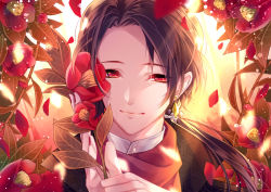 Rule 34 | 10s, 1boy, blurry, brown hair, camellia, closed mouth, crystal earrings, earrings, flower, hair ornament, holding, holding flower, jewelry, kashuu kiyomitsu, kikkoumon, light particles, long hair, looking at viewer, male focus, miyata mozuku, mole, mole under mouth, nail polish, petals, ponytail, red eyes, red flower, red nails, red scarf, red theme, scarf, smile, solo, sunlight, touken ranbu, upper body