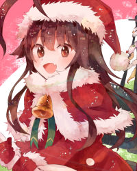 Rule 34 | 10s, 1girl, :d, ahoge, bell, brown eyes, brown hair, capelet, christmas, fang, fur trim, gloves, itomugi-kun, kantai collection, kuma (kancolle), looking at viewer, matching hair/eyes, open mouth, red gloves, ribbon, santa costume, smile, solo, sparkle