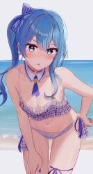 Rule 34 | 1girl, absurdres, ascot, beach, bikini, blue ascot, blue bow, blue eyes, blue hair, blue nails, bow, detached collar, flat chest, frills, hair bow, hand on own hip, highres, hololive, hoshimachi suisei, karu (karusenpai), leaning forward, looking at viewer, parted lips, plaid, side ponytail, solo, star (symbol), star in eye, swimsuit, symbol in eye, thigh strap, v-shaped eyebrows, virtual youtuber, wet