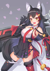 Rule 34 | 1girl, animal ears, azur lane, black hair, breasts, cocoasabure, commentary request, fang, highres, hololive, large breasts, long hair, looking at viewer, ookami mio, open mouth, sideboob, simple background, solo, tail, tail wrap, thighhighs, virtual youtuber, wolf ears, wolf tail, yellow eyes