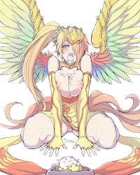 Rule 34 | 1girl, :3, aqua eyes, armor, bad id, bad pixiv id, bare shoulders, bat wings, bird tail, blonde hair, blush, blush stickers, bowl, breasts, breasts out, breasts squeezed together, bust cup, china dress, chinese clothes, cleavage cutout, clothing cutout, cum, cum in mouth, cum on body, cum on breasts, cum on upper body, dress, elbow gloves, feathered wings, feathers, fingerless gloves, gloves, in bowl, in container, large breasts, leilan (p&amp;d), leiran (p&amp;d), long hair, multicolored hair, nipples, no bra, open mouth, orange hair, panties, pantyshot, pet bowl, pink panties, ponytail, puzzle &amp; dragons, side ponytail, simple background, sitting, sleeveless, sleeveless dress, solo, star (symbol), tail, tamadra, tiara, underwear, waero, white background, wings, yellow dress, yellow gloves