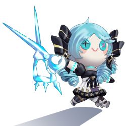 Rule 34 | 1girl, asymmetrical legwear, black bow, black dress, blush stickers, bow, buttons, character doll, doll, dress, drill hair, frilled dress, frills, full body, green hair, grey dress, gwen (league of legends), hair bow, highres, holding, holding scissors, league of legends, low twintails, mismatched legwear, pantyhose, scissors, simple background, smile, solo, sparkle, striped clothes, striped pantyhose, twin drills, twintails, white background, yodle