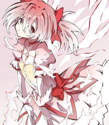 Rule 34 | 1girl, absurdres, bow, bubble skirt, choker, dress, energy, frilled dress, frilled sleeves, frills, gloves, hair ribbon, highres, kaname madoka, kekel, looking at viewer, magical girl, mahou shoujo madoka magica, mahou shoujo madoka magica (anime), pink background, pink dress, pink eyes, pink hair, puffy sleeves, red bow, red choker, ribbon, short twintails, sideways glance, skirt, solo, soul gem, twintails, white gloves