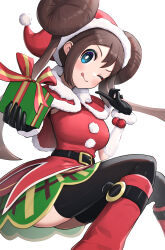 Rule 34 | 1girl, absurdres, alternate costume, belt, black belt, black gloves, black thighhighs, blue eyes, blush, boots, box, breasts, brown hair, capelet, christmas, closed mouth, commentary, creatures (company), double bun, dress, english commentary, fur-trimmed gloves, fur trim, game freak, gift, gift box, gloves, gonzarez, green skirt, hair bun, hat, highres, holding, holding box, knee boots, large breasts, licking lips, long hair, looking at viewer, miniskirt, mixed-language commentary, nintendo, official alternate costume, one eye closed, pokemon, pokemon masters ex, pom pom (clothes), red capelet, red dress, red footwear, red hat, rosa (holiday 2019) (pokemon), rosa (pokemon), santa costume, santa dress, santa hat, simple background, skirt, smile, solo, sparkle, thighhighs, thighs, tongue, tongue out, white background