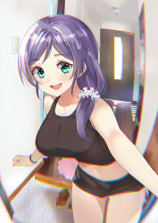 Rule 34 | 1girl, :d, aqua eyes, bare arms, bare shoulders, black shorts, black tank top, blush, breasts, bunbun (midukikome), cowboy shot, crop top, dolphin shorts, doorway, hair over shoulder, highres, indoors, large breasts, long hair, looking at viewer, love live!, love live! school idol project, navel, open mouth, opening door, parted bangs, pov doorway, purple hair, scrunchie, short shorts, shorts, smile, solo, swept bangs, tank top, tojo nozomi