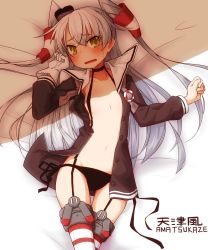 Rule 34 | 10s, 1girl, amatsukaze (kancolle), black panties, blush, character name, choker, clenched hands, dress, flat chest, garter straps, gloves, guriko (mossari), hair tubes, highres, kantai collection, long hair, looking at viewer, lying, navel, neckerchief, on back, open clothes, open mouth, panties, sailor collar, sailor dress, shade, side-tie panties, silver hair, single glove, solo, striped clothes, striped thighhighs, tears, thighhighs, twintails, two side up, underwear, white gloves, yellow eyes, zettai ryouiki