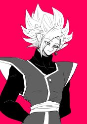 1boy absurdres arms_behind_back black_bodysuit bodysuit dragon_ball dragon_ball_super earrings fused_zamasu greyscale_with_colored_background hageta1456 highres jewelry long_sleeves looking_at_viewer pink_background pointy_ears potara_earrings sash smirk solo spiked_hair white_hair