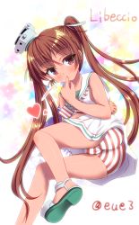 Rule 34 | 10s, 1girl, ass, brown eyes, brown hair, character name, covering own mouth, dress, eue, finger to mouth, hat, heart, kantai collection, libeccio (kancolle), long hair, looking at viewer, lying, naughty face, on side, panties, red panties, shoes, short dress, sleeveless, sleeveless dress, solo, striped clothes, striped panties, trefoil, twintails, underwear
