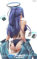 Rule 34 | 1girl, absurdres, ass, bikini, black bikini, blue archive, breasts, copyright name, drone, from behind, half updo, halo, highres, jacket, lanyard, logo, medium breasts, open clothes, open jacket, ponytail, purple hair, rizalfaizzz, side-tie bikini bottom, simple background, solo, swimsuit, track jacket, white background, yuuka (blue archive)