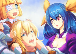 Rule 34 | 1girl, 2boys, alternate costume, blonde hair, blue eyes, blue hair, blush stickers, bow, breasts, carrying, child, cleavage, commentary, cubehero, dizzy (guilty gear), eyepatch, father and son, guilty gear, guilty gear 2, hair bow, ky kiske, long hair, looking at another, medium breasts, mother and son, multiple boys, open mouth, red eyes, short hair, shoulder carry, simple background, sin kiske, smile