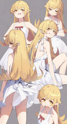 Rule 34 | 1girl, absurdres, blonde hair, blush stickers, breasts, closed mouth, clothes lift, commentary request, crossed arms, dress, fang, feishi, grey background, halterneck, highres, long hair, looking at viewer, looking back, monogatari (series), multiple views, open mouth, oshino shinobu, pointy ears, simple background, skin fang, skirt, skirt lift, small breasts, tongue, tongue out, white dress, yellow eyes