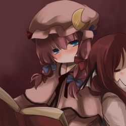 Rule 34 | 2girls, bad id, bad pixiv id, blue eyes, blush, book, bow, capelet, closed eyes, crescent, female focus, hair bow, hat, head wings, koakuma, leaning on person, multiple girls, open book, patchouli knowledge, pikojirokurao, purple hair, reading, red hair, sleeping, touhou, wings