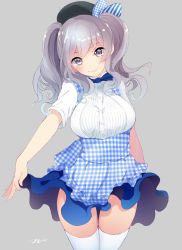 Rule 34 | 10s, 1girl, alternate costume, apron, beret, blouse, blue bow, blue bowtie, bow, bowtie, breasts, employee uniform, gingham apron, grey background, grey eyes, hat, highres, kantai collection, kashima (kancolle), kobeya, kobeya uniform, large breasts, long hair, looking at viewer, plaid, plaid apron, shirt, sidelocks, silver hair, simple background, skirt, smile, solo, taut clothes, taut shirt, tebi (tbd11), thigh gap, thighhighs, twintails, underbust, uniform, waitress, wavy hair, white shirt, white thighhighs