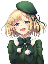 Rule 34 | 1girl, :d, aged down, blonde hair, bow, bowtie, chagara, fate (series), green bow, green eyes, green headwear, green jacket, highres, jacket, looking at viewer, lord el-melloi ii case files, open mouth, reines el-melloi archisorte, short hair, simple background, smile, solo, upper body, white background