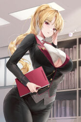 Rule 34 | 1girl, absurdres, black jacket, black pants, blazer, blonde hair, breasts, buttoned cuffs, buttons, chain, clothing cutout, collared shirt, cowboy shot, dress shirt, folder, hand up, highres, holding, holding folder, jacket, large breasts, lillly, long hair, long sleeves, looking at viewer, monocle, monocle chain, neckerchief, novel illustration, official art, original, pants, parted lips, ponytail, red eyes, shirt, solo, standing, taut clothes, taut shirt, underboob, underboob cutout, undershirt, white shirt, wing collar