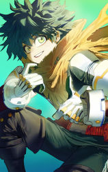 Rule 34 | 1boy, belt, boku no hero academia, brown scarf, costume, freckles, ghdwid, gloves, green background, green eyes, green gloves, green hair, hair between eyes, highres, male focus, messy hair, midoriya izuku, multicolored clothes, multicolored gloves, red belt, scarf, smile, solo, teeth, thumbs up, torn, torn clothes, torn scarf, two-tone gloves, white gloves