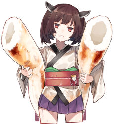 Rule 34 | 1girl, blade, blunt bangs, brown hair, carrying, carrying under arm, commentary request, cowboy shot, cropped legs, frown, furrowed brow, green sash, half-closed eyes, head tilt, headgear, hitogome, japanese clothes, kimono, kiritanpo (food), long sleeves, looking at viewer, obi, obijime, oversized food, oversized object, parted lips, pleated skirt, purple skirt, red eyes, sash, short hair, short kimono, short twintails, simple background, skirt, solo, touhoku kiritan, twintails, voiceroid, wet, white background, white kimono, wide sleeves